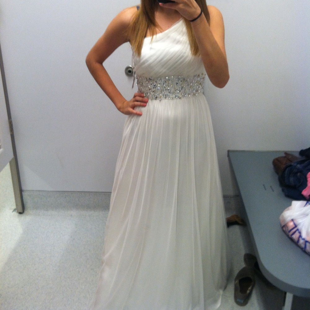 One Shoulder White Prom Dress with Beads